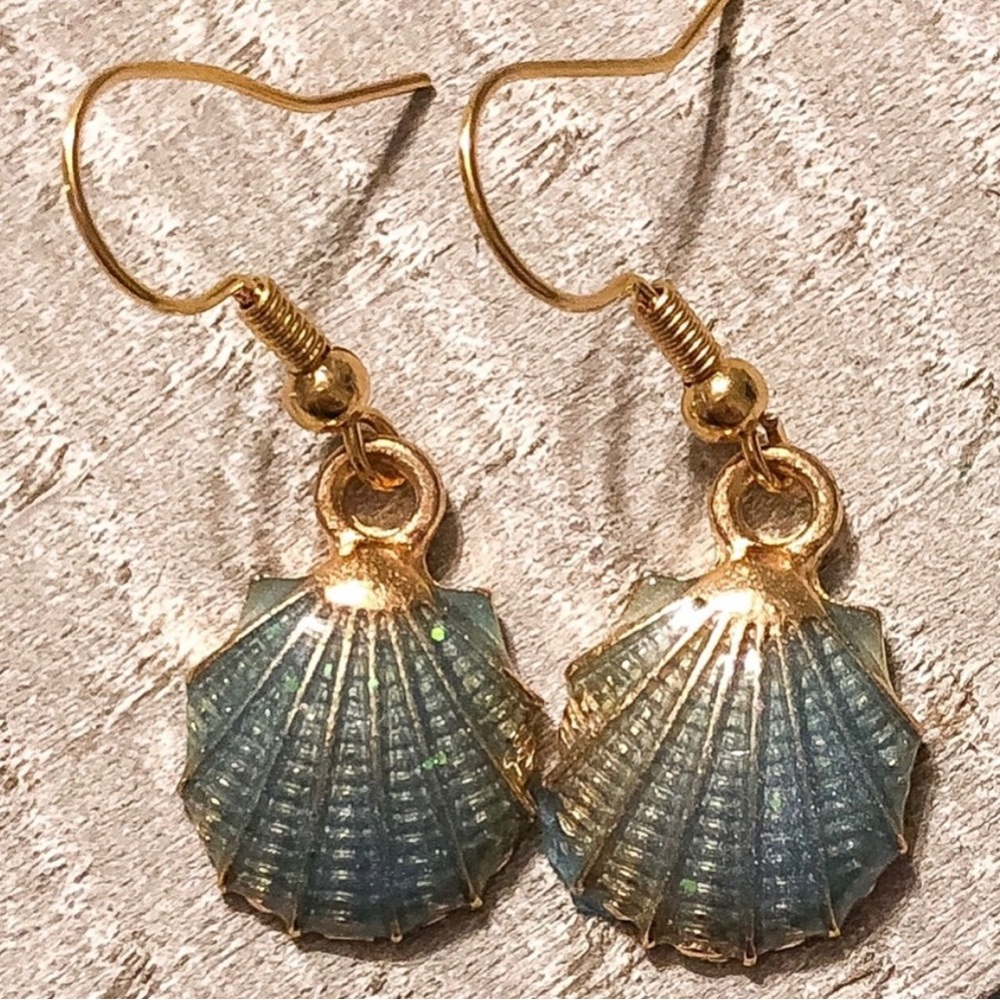 Blue Metal Seashell Dangle Earrings